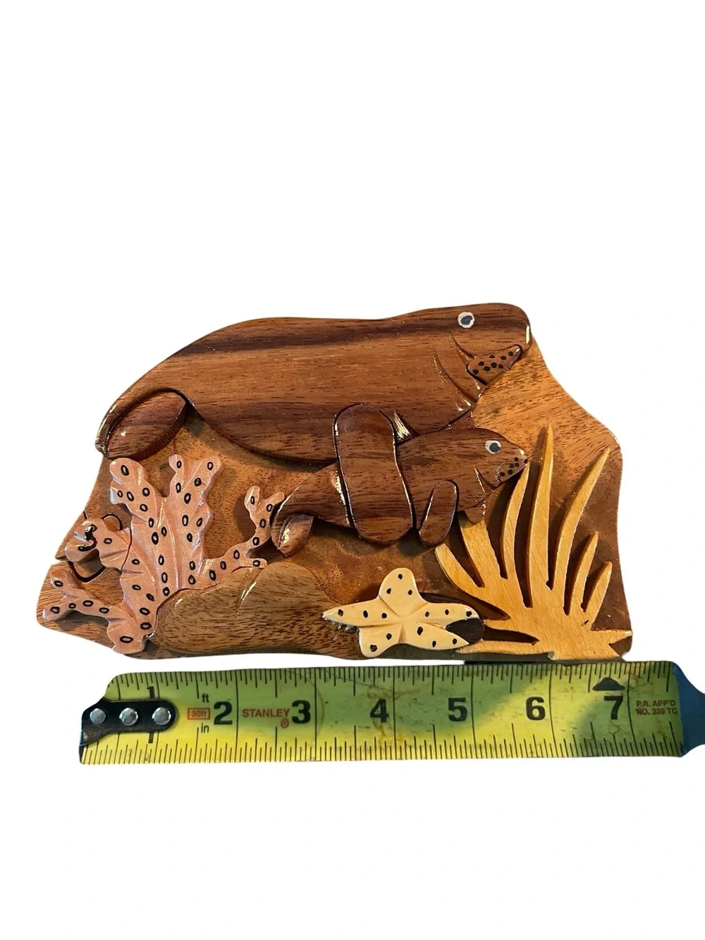Carved Wooden Manatee Mom and Baby Calf Puzzle Treasure Stash Box Jewelry